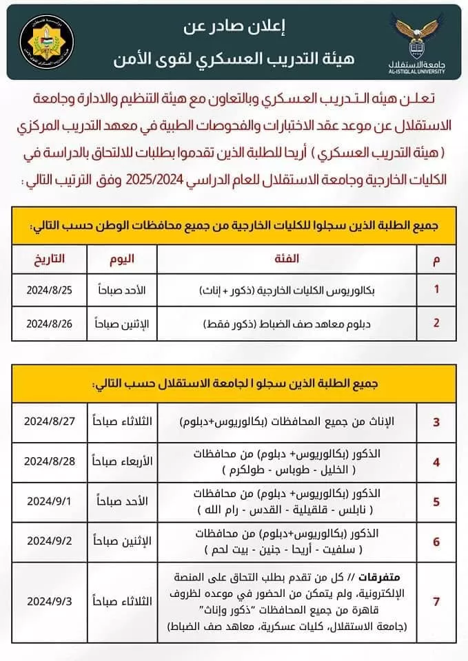 علان عن موعد عقد الإختبارات والفحوصات الطبية