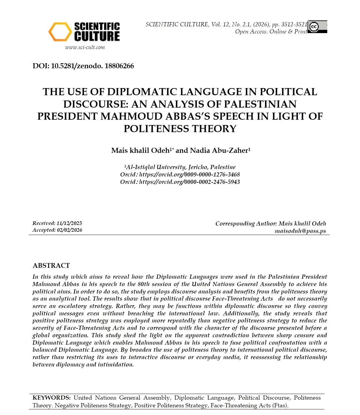 جامعة الاستقلال تنشر بحثاً علمياً في مجلة Scientific Culture المصنفة Q1 حول اللغة الدبلوماسية في الخطاب السياسي الفلسطيني